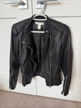 H&M Black Quilted Moto-Style Faux Leather Jacket